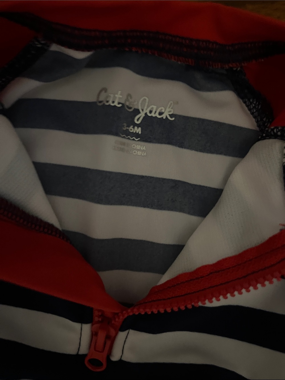 Cat and Jack Kids Long-Sleeve Rashguard Swimsuit - Red & Navy Stripe 3/6m - Picture 2 of 2